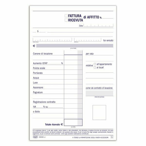 Ricevute/Fatture di affitto - Blocco 50/50 fogli autoricalcante - 21,5x14,8 cm
