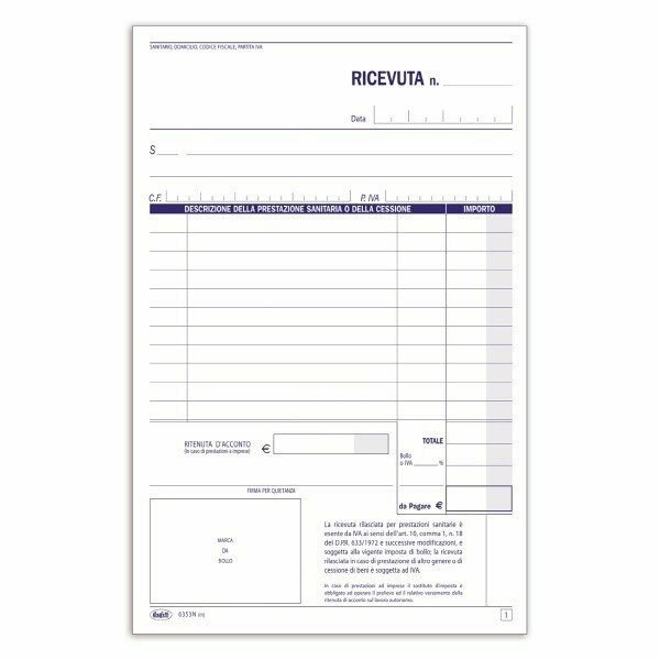 Ricevute sanitarie e Registro onorari e fatture (vidimabile) - Blocco 50/50 fogli autoricalcante - 21,5x14,8 cm