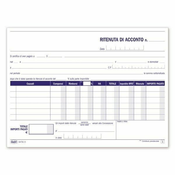 Ritenute di acconto - Certificati delle ritenute d'acconto - Blocco 50/50 fogli autoricalcanti - 14,8x21,5 cm
