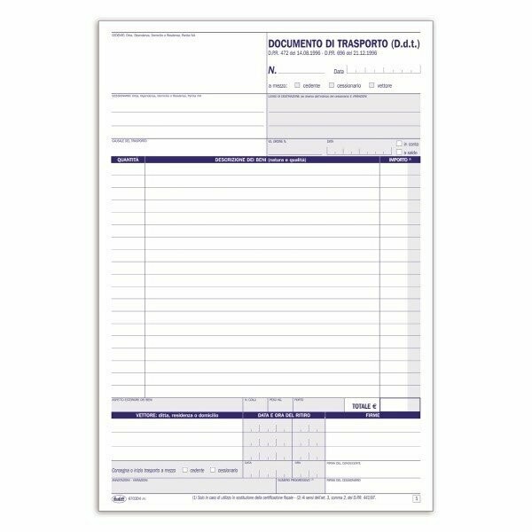 Documento di trasporto - Blocco 25/25/25/25 fogli autoricalcante - 29,7x21,5 cm