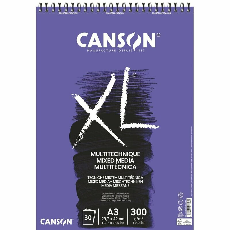Canson | Blocco a spirale XL Mix Media  -  formato A2 59,4 x 42 cm - 300 g/mq - 15 fogli