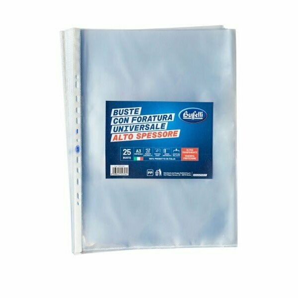 Buste a foratura universale - Polipropilene - 42x30 cm -A3 verticale - lisce - alto spessore - conf. 25 pz.