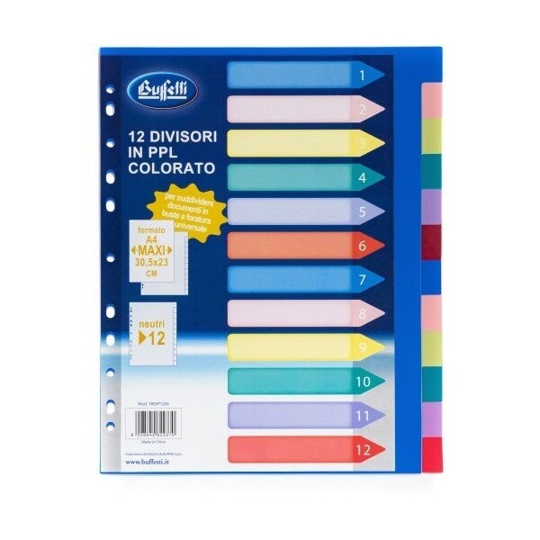 Divisori - Polipropilene -12 tasti neutri - A4 maxi - multicolore