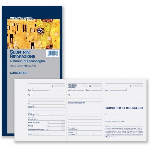 Riparazioni da eseguire su oggetti consegnati dal cliente (matrice, scontrino, oggetto) 3 tagliandi verdi - Blocco 50/50/50 cartoncini autoricalcante - 10x21,5 cm