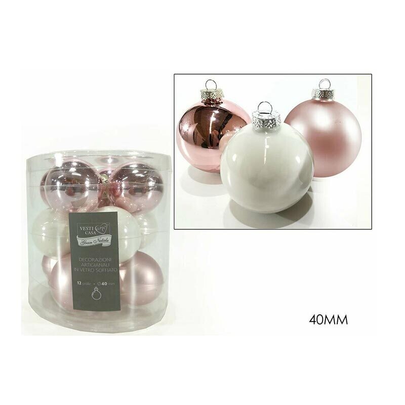 Set 12 Palle in vetro Rosa e Panna  - Ø 4 cm