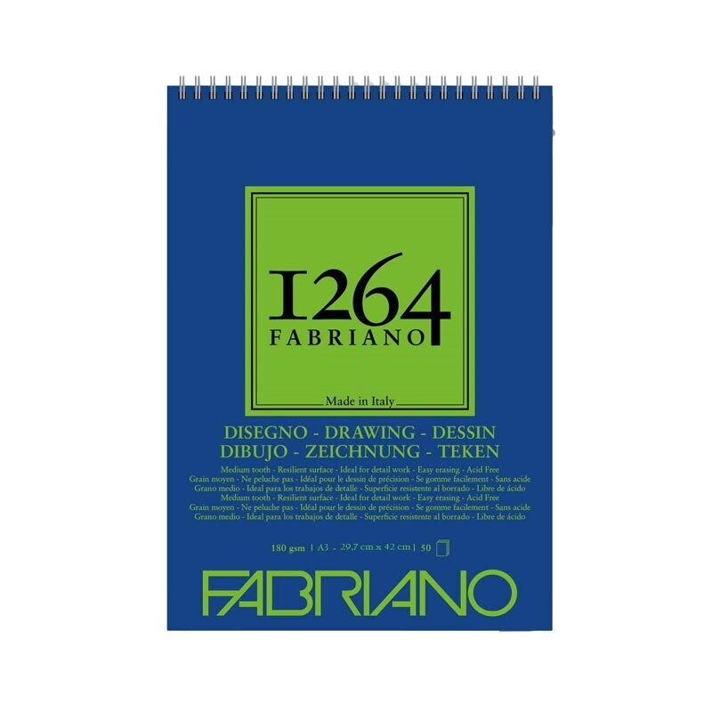 Fabriano Blocco con Spirale 1264 Carta Bianca  per Disegno - 180 g/mq - 29,7 x 42 cm