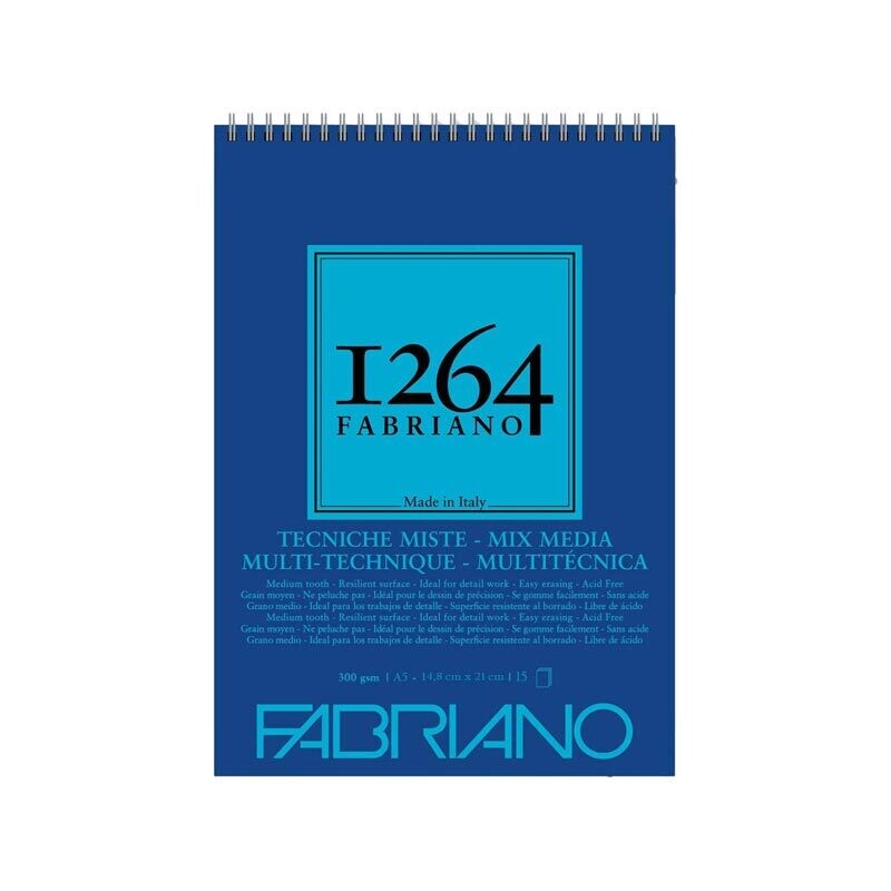 Fabriano Blocco Tecniche Miste 1264 con Spirale - 300 g/mq - 14,8 x 21 cm