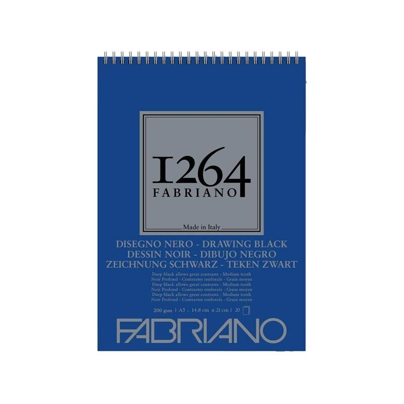 Fabriano Blocco Disegno Nero 1264 con rilegatura a spirale - 200 g/mq - 14,8 x 21 cm