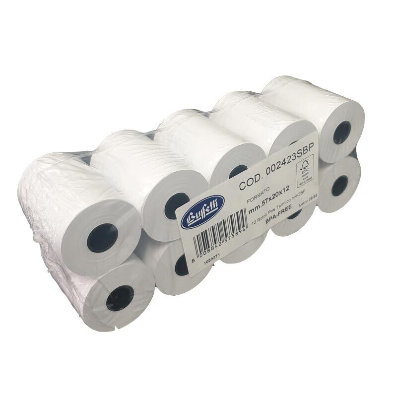 Conf. 10 Rotoli per cassa in carta termica 57 mm x 20 m x 12 mm - 48 gr