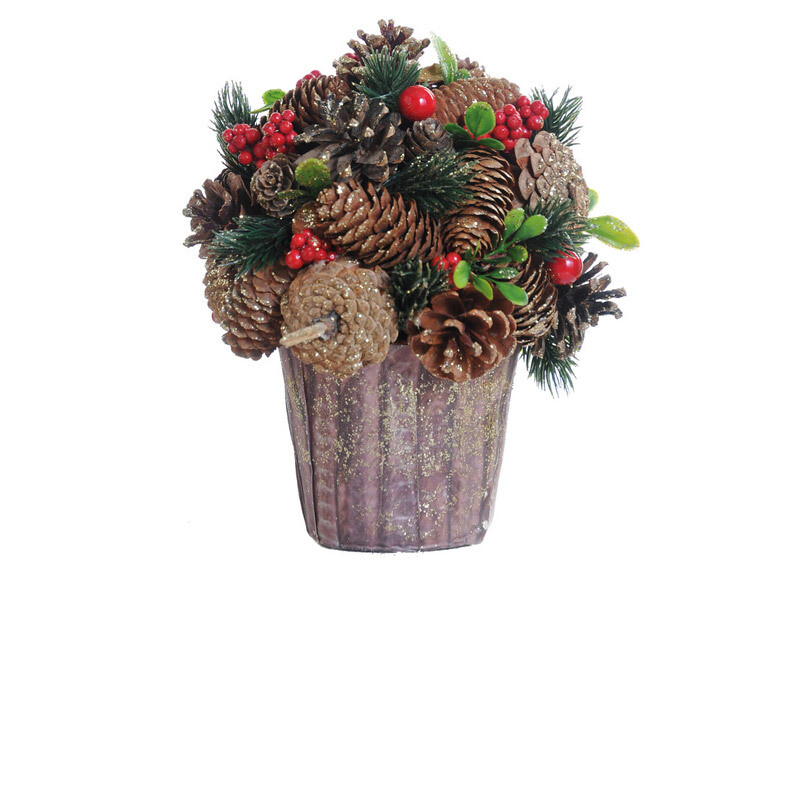 Hogewoning Cestino Centrotavola con Pigne e Bacche  - H 22 cm