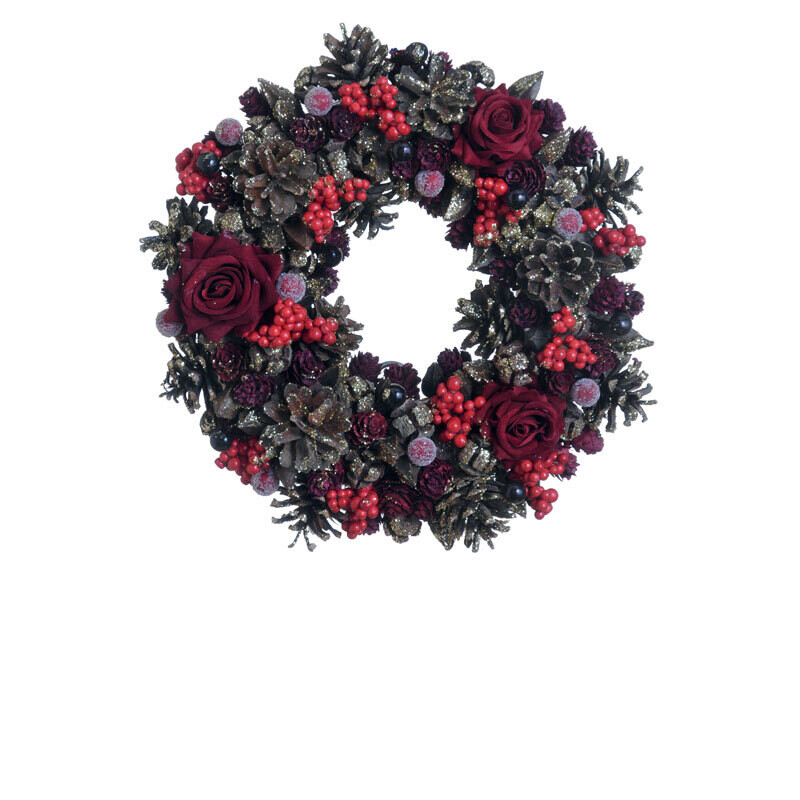 Hogewoning Ghirlanda con Pigne, Bacche e Rose Rosse  - Ø 32 cm