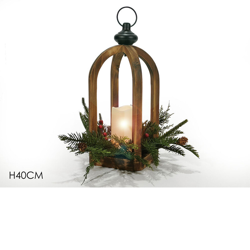 Lanterna in Legno con Candela Led - H 40 cm