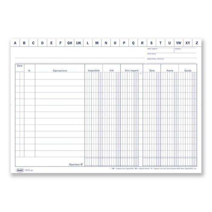 SCHEDA DARE/AVERE/SALDO (IN EVIDENZA IMPONIBILE E IVA) - BIANCA DA 140 GR. - 14,8X21 CM- 100 PZ