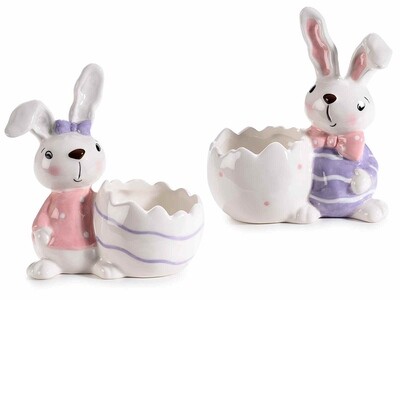 Coniglietto in ceramica con fiocco e contenitore a uovo - H 14cm