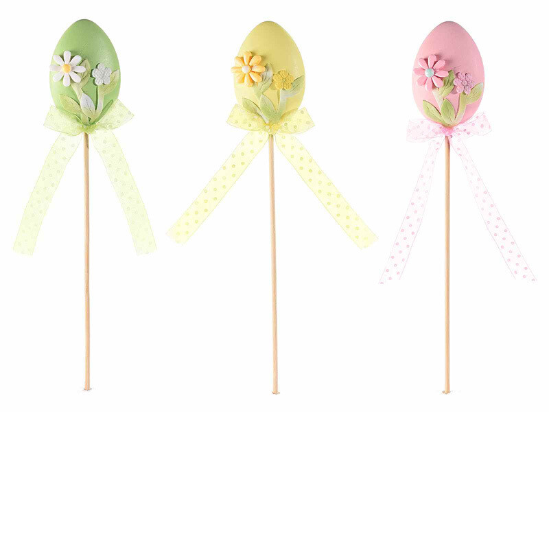 Uovo con fiori e nastrino in organza su stick in legno - H 25cm