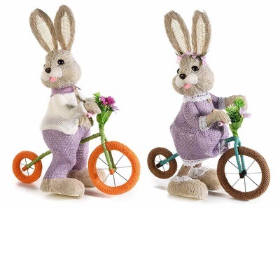 Coniglietto in fibra naturale in bicicletta con fiorellini - H 35cm