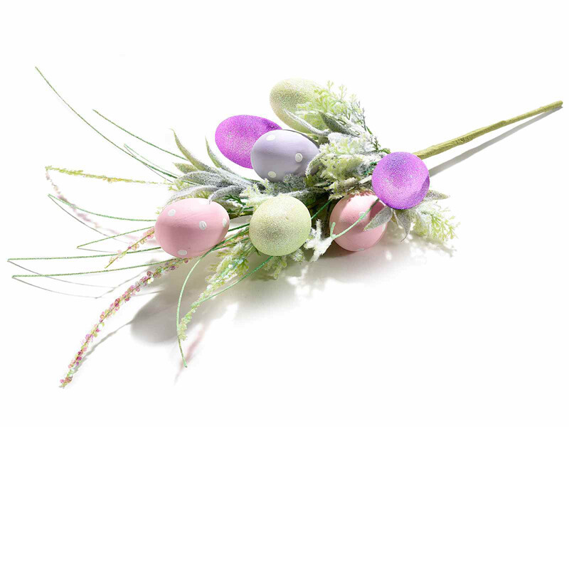 Ramo di uova colorate a pois/glitter e fiori artificiali - H 46cm