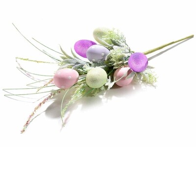 Ramo di uova colorate a pois/glitter e fiori artificiali - H 46cm