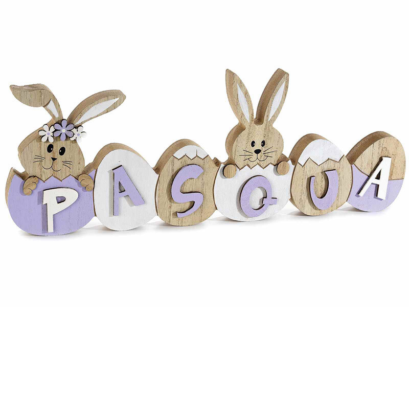 Scritta Pasqua in legno colorato c/uova e coniglietti - L 39,5 cm