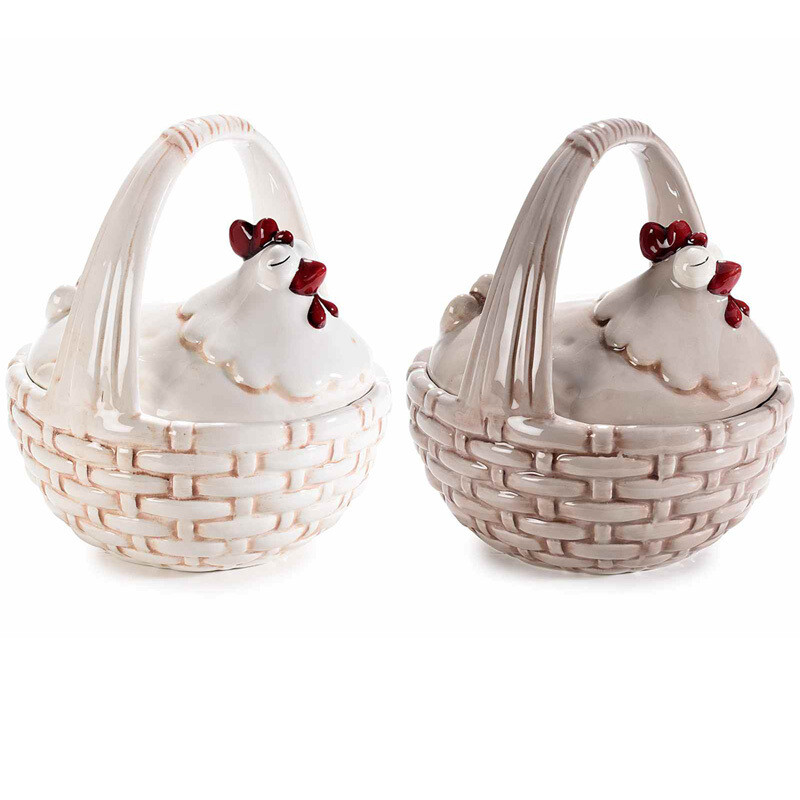 Contenitore in ceramica a paniere con gallinella e manico