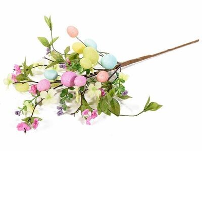 Ramo di uova colorate con glitter e fiori artificiali - H 46cm