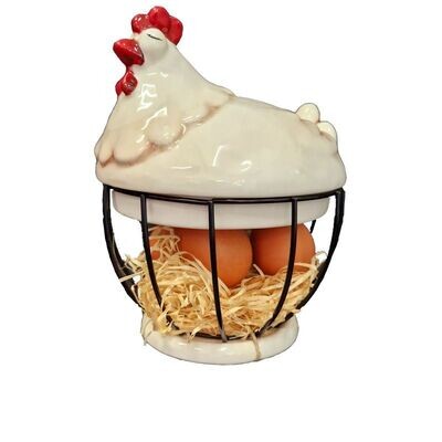 Gallina Cestino Porta Uova in ceramica con base in metallo Gallina Cestino Porta Uova in ceramica con base in metallo