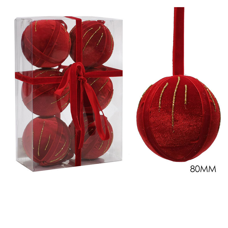 Set 6 Palle di Natale in velluto rosso Ø 8 cm
