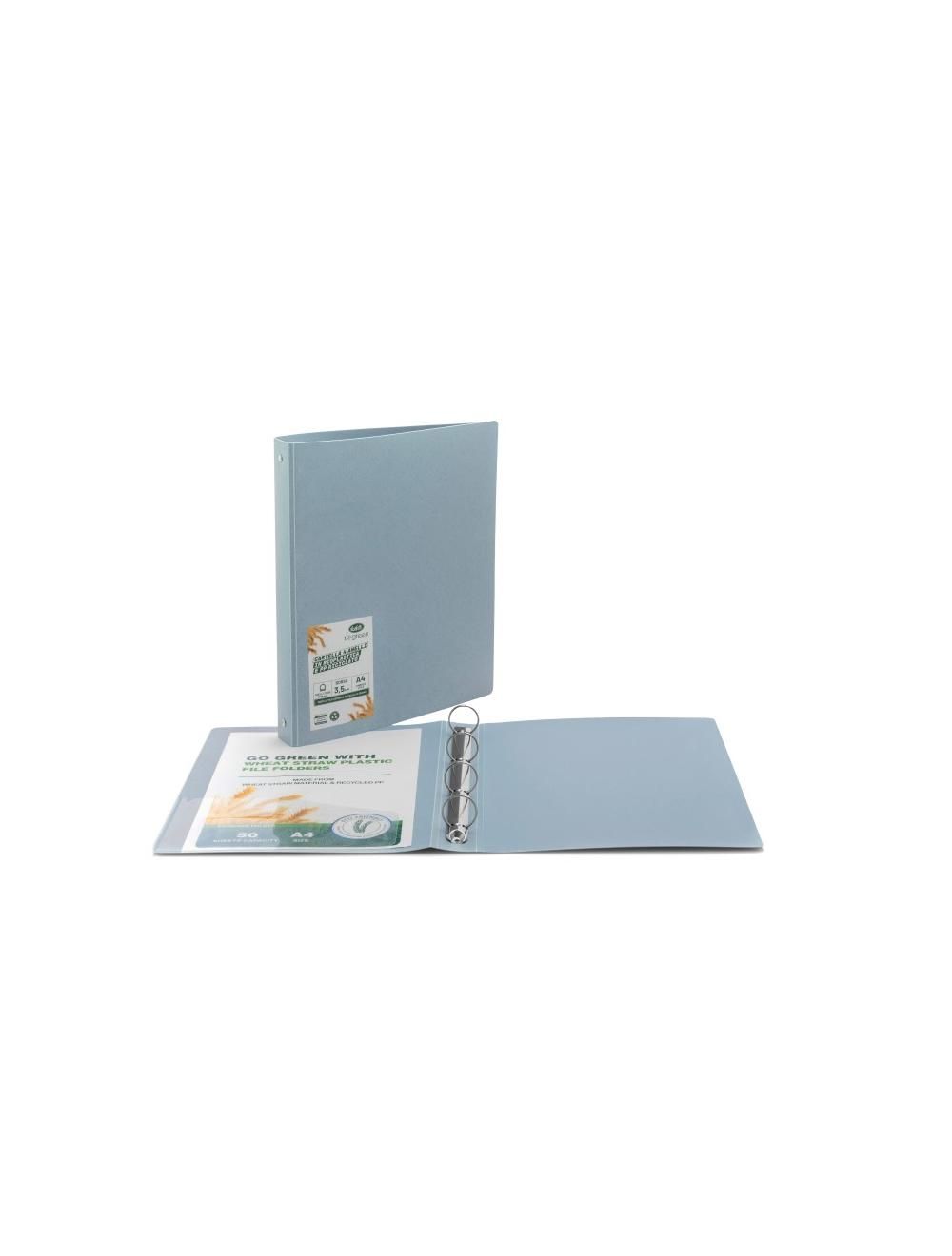 Cartella eco green - bioplastica paglia di grano e polipropilene - 4 anelli tondi - Diametro 30 mm - azzurro
