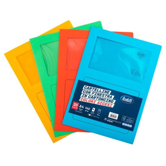 Cartelline con finestra - cartoncino - 140 g/mq - 29,7x21 cm -colori assortiti