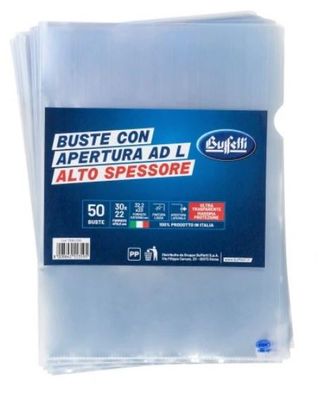 Buste a L - Polipropilene - 30x22 cm - lisce - alto spessore - conf. 50 pz. Buste a L - Polipropilene - 30x22 cm - lisce - alto spessore - conf. 50 pz.