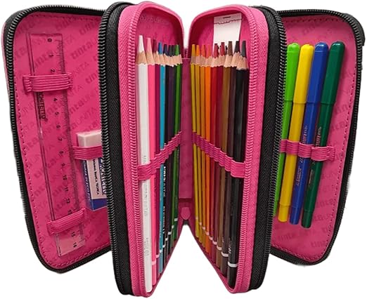 Tinta Unita Astuccio Scuola Rosa Wild Completo con Colori 3 Zip