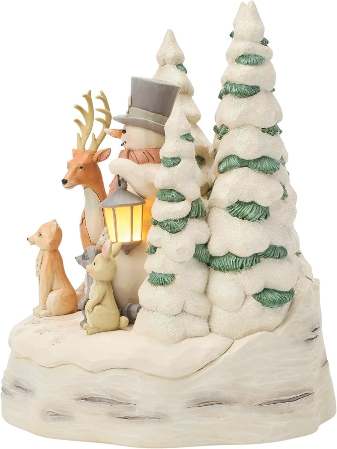 Jim Shore Heartwood Creek White Woodland Snowman circondato da animali della foresta, statuetta illuminata, 19 cm