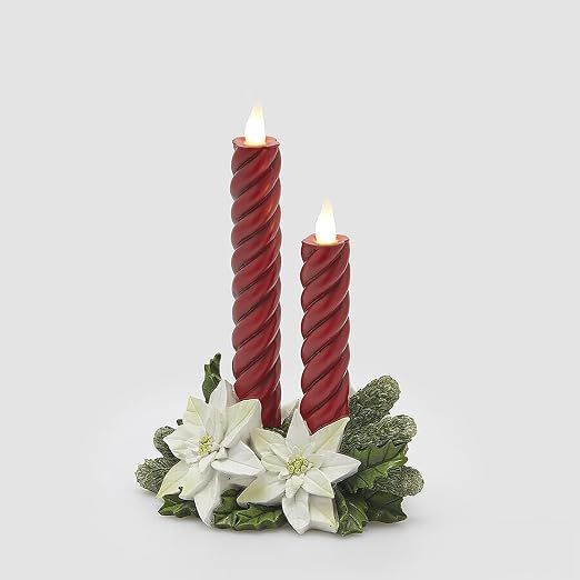 Candela LED Decorativa con Poinsettia, Rossa, 29 cm, con Base Floreale - Enzo de Gasperi