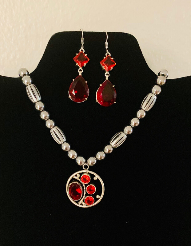 Simulated Garnet Silver Plated Necklace And Earrings