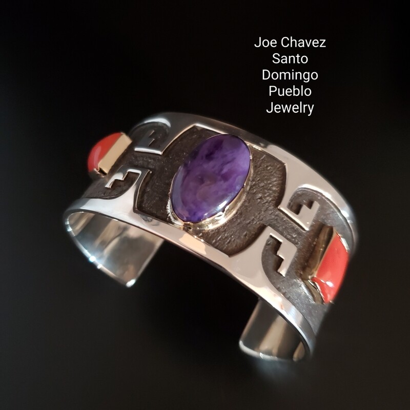 Overlay Cuff-Sterling Silver, 14kt. Gold, coral, Sugilite stone 