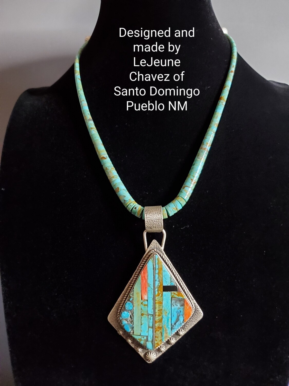 Santo Domingo Pueblo Inlayed sterling silver pendant with turquoise necklace