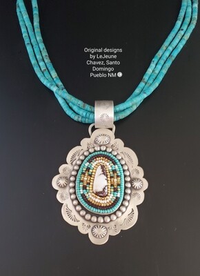 3 strand turquoise necklace with sterling silver  pendant, Wildhorse stone and beadwork 
