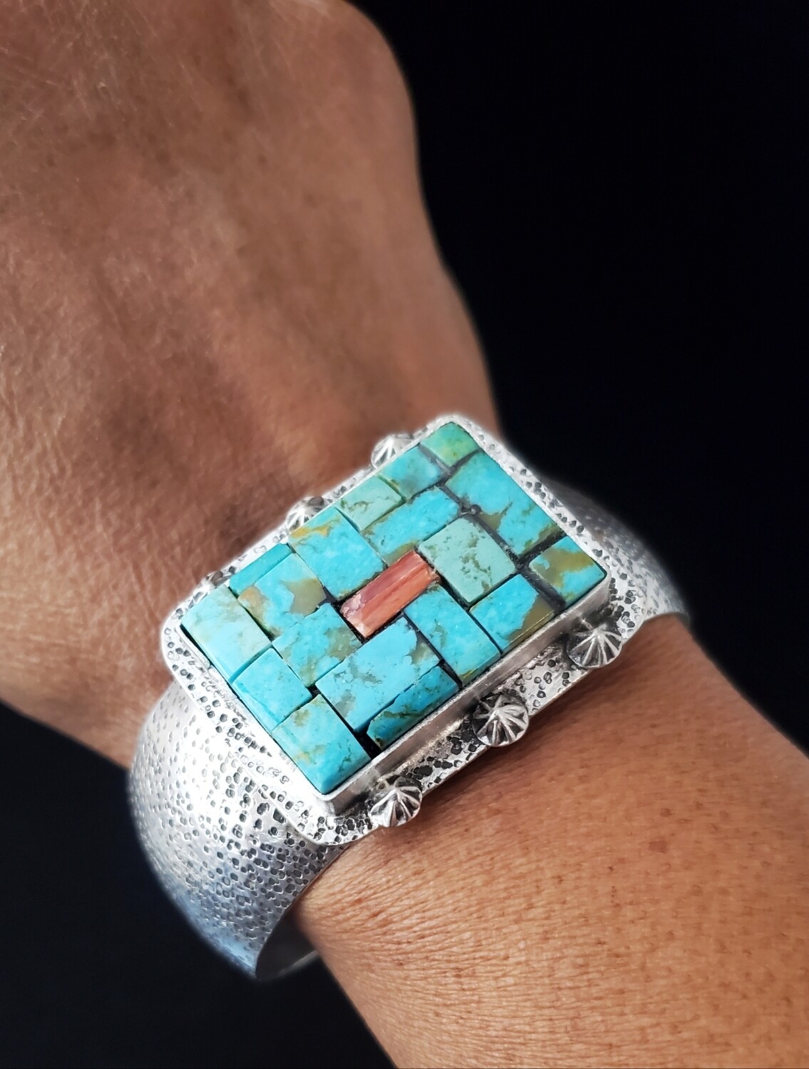 Sterling silver textured cuff with inlayed turquoise stones & Spiney Oyster Shell 