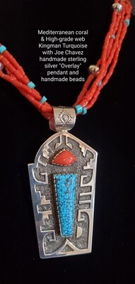 Mediterranean Coral, High-grade Kingman web turquoise with Overlay pendant