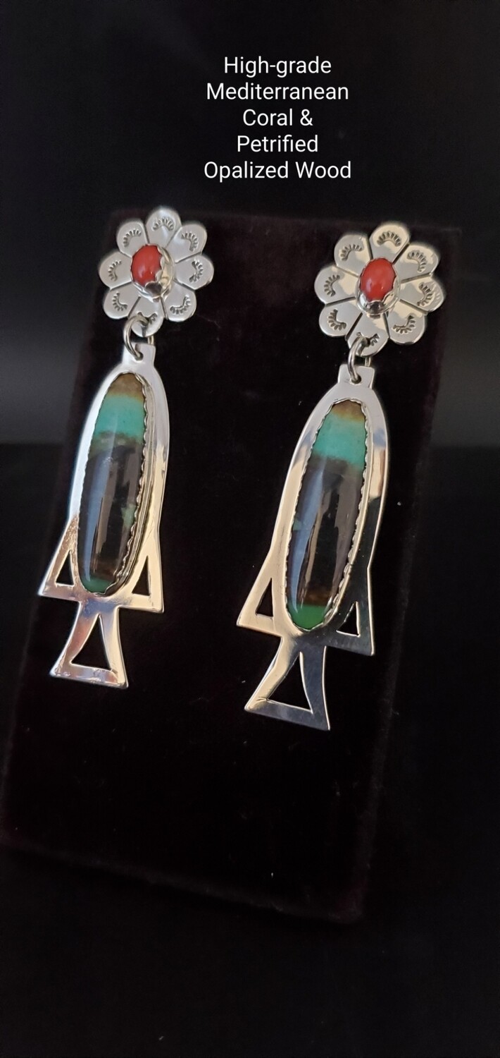 Sterling silver earrings with Natural Petrified Opalized Wood & Mediterranean Coral