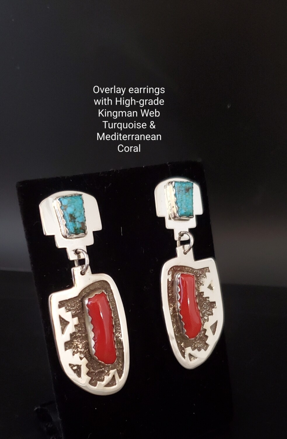 Sterling silver Overlay Earrings with High-grade Kingman Web Turquoise & Mediterranean Coral