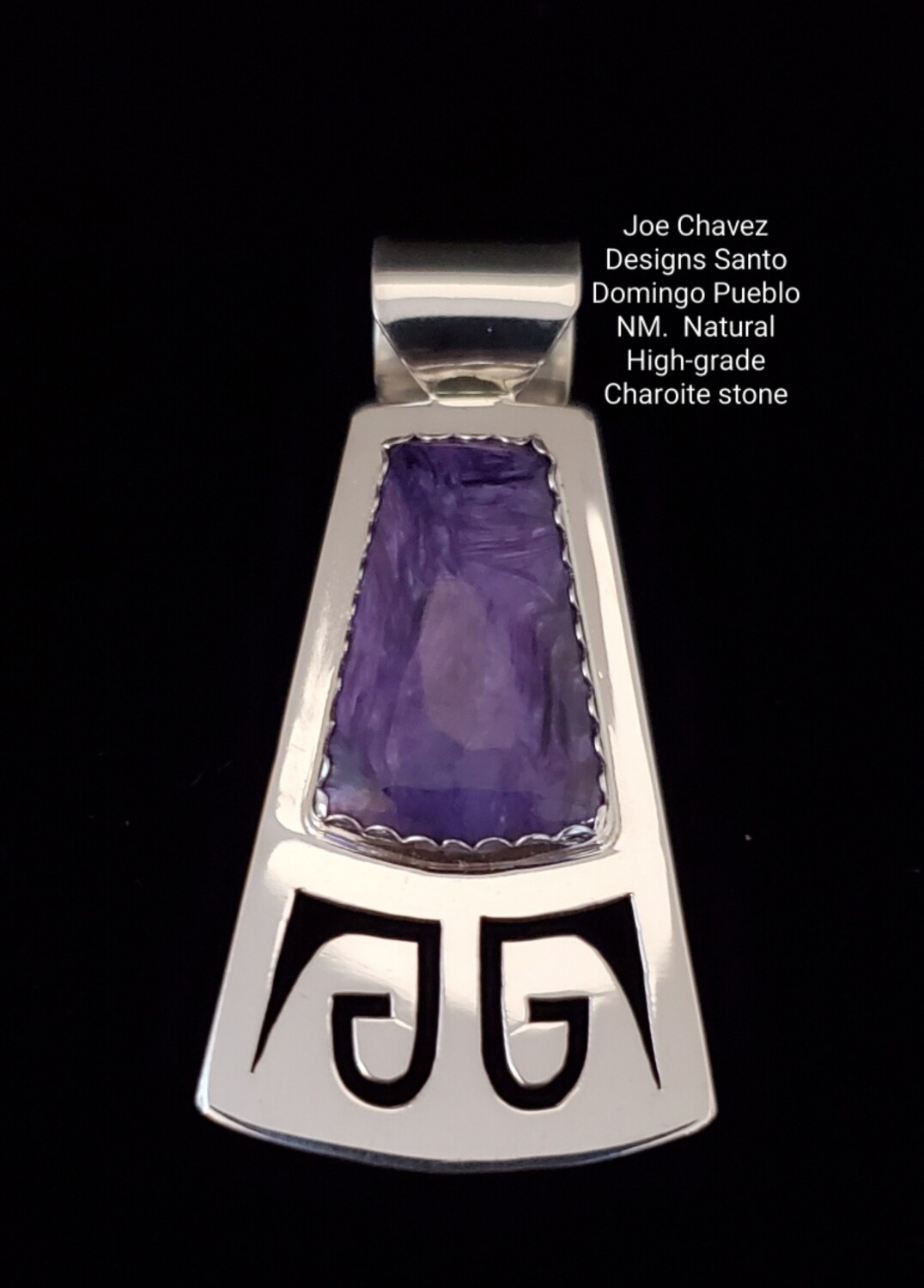 Sterling silver pendant with "cutout" designs and natural high-quality Charoite stone