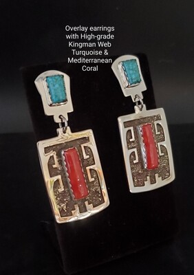 Sterling silver Overlay earrings with High-grade Kingman Web Turquoise & Mediterranean Coral