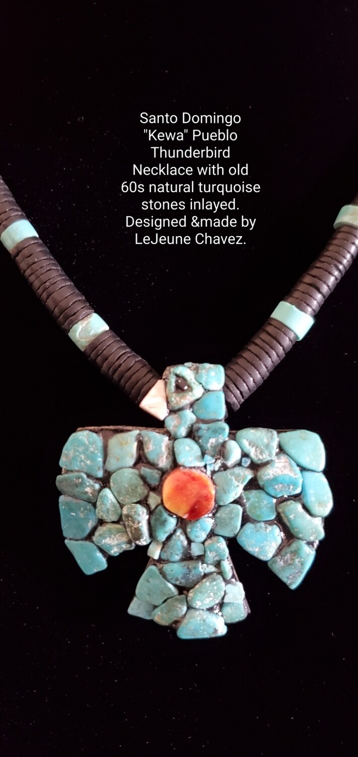 Traditional style Kewa inlayed thunderbird Necklace with old 60s turquoise stones.