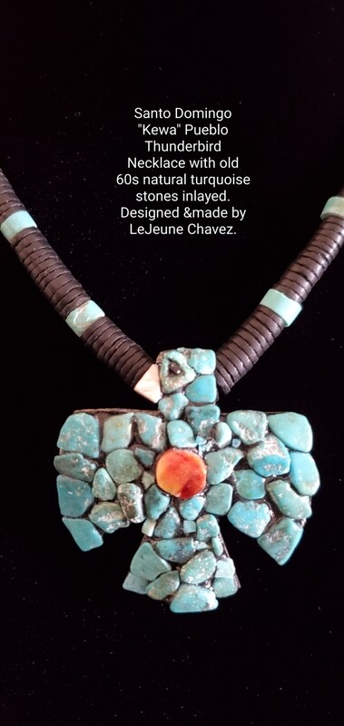 Traditional style Kewa inlayed thunderbird Necklace with old 60s turquoise stones.