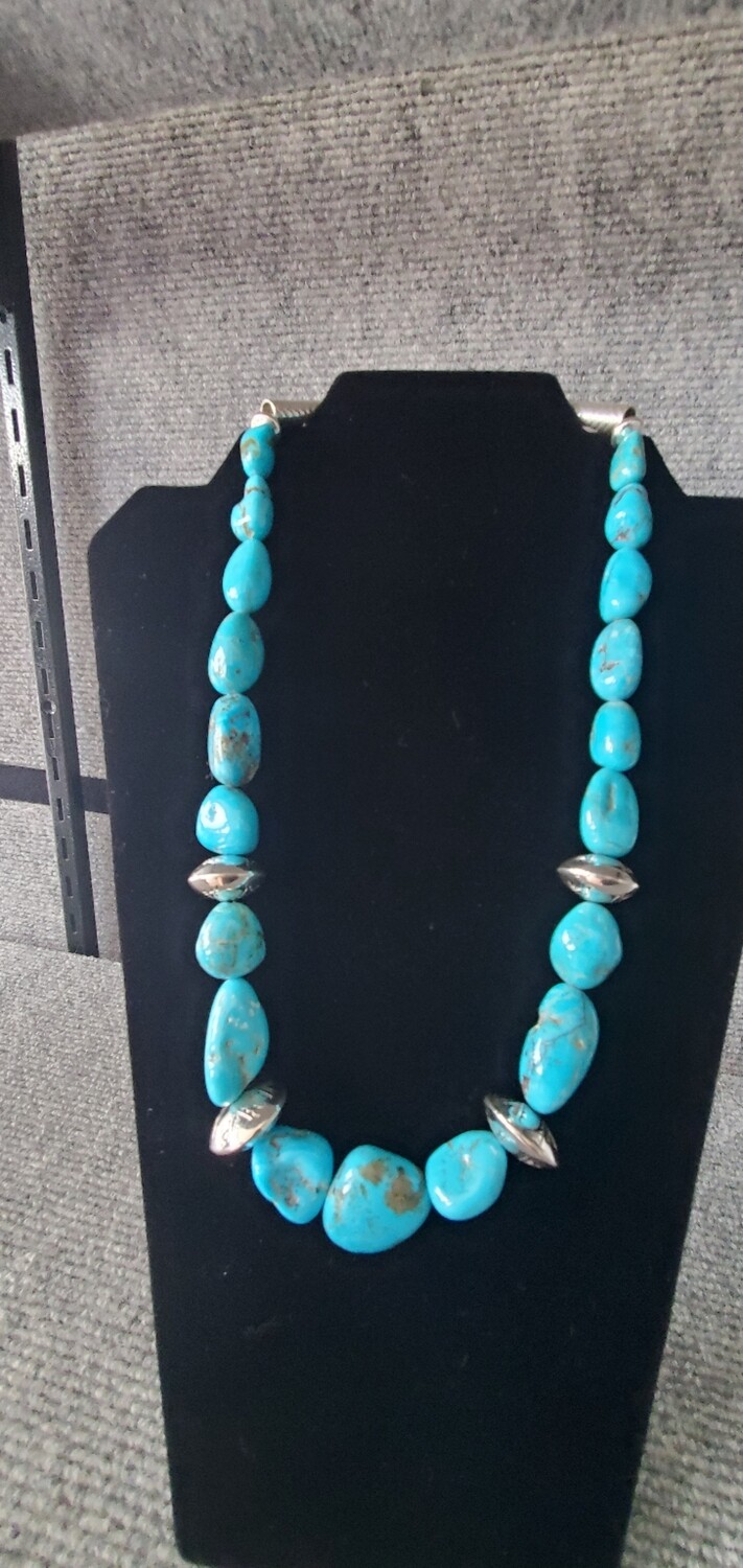 High-grade beautiful Blue turquoise nugget necklace with HANDMADE sterling silver beads