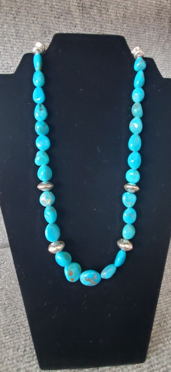 High-grade blue turquoise nugget necklace with handmade sterling silver beads