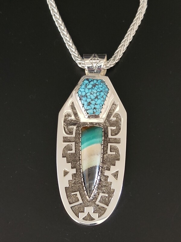 Sterling silver pendant with High-grade Ithaca Peak turquoise stone &amp; Petrified Opalized Palmwood 