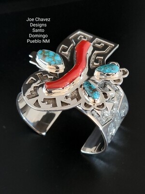 Sterling silver Overlay cuff with Mediterranean coral & Ithaca Peak turquoise