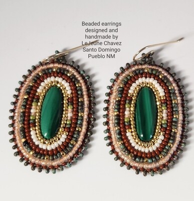 Beaded earrings with natural malachite stones